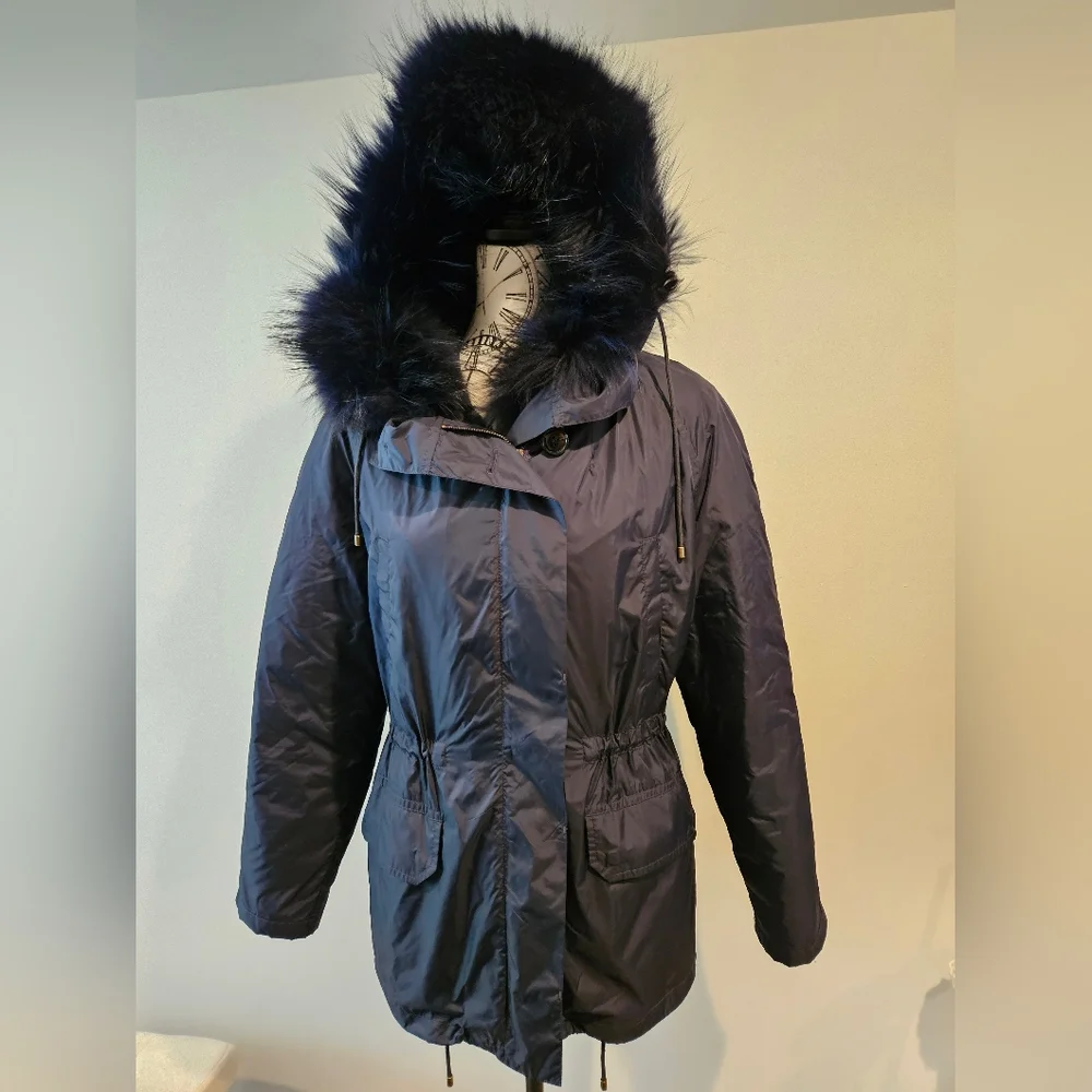 ⭐️ Army Yves Salomon genuine fur lined navy blue parka size 32 - Picture 2 of 16